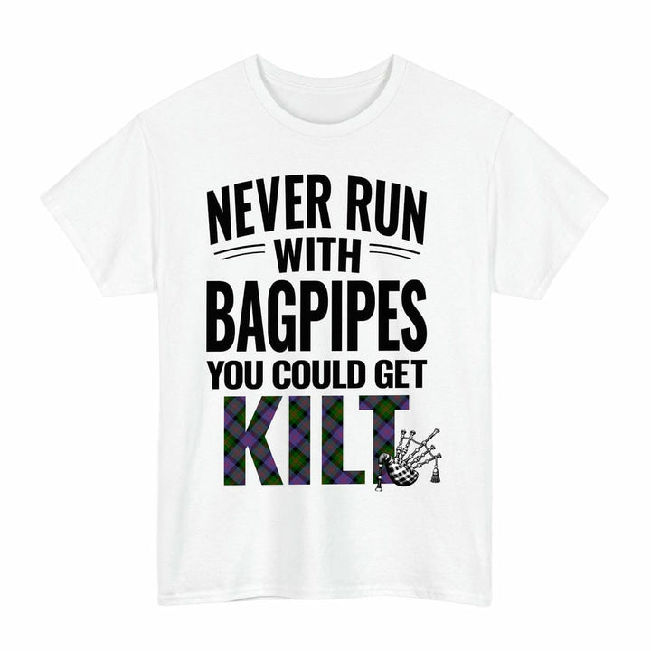 Scottish Blair Modern Clan Tartan Never Run With Bagpipes T-Shirt Tartan Plaid White Color