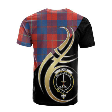 Scottish Blane Clan Crest Tartan T-Shirt Believe in Me Back Side Tartan Plaid