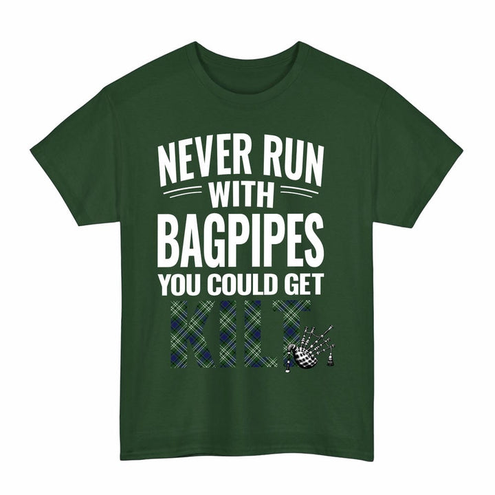 Scottish Blyth Clan Tartan Never Run With Bagpipes T-Shirt Tartan Plaid Forest Green Color