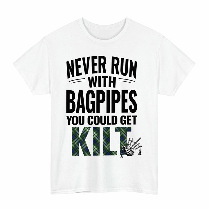 Scottish Blyth Clan Tartan Never Run With Bagpipes T-Shirt Tartan Plaid White Color