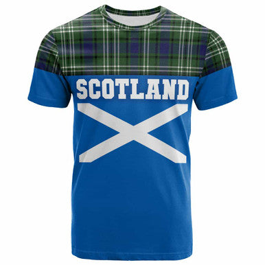 Scottish Blyth Clan Tartan T-Shirt - Lion Rampant of Scotland With Flag Front Side Tartan Plaid