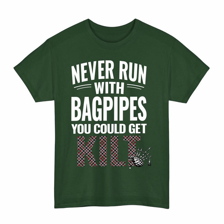 Scottish Borthwick Ancient Clan Tartan Never Run With Bagpipes T-Shirt Tartan Plaid Forest Green Color