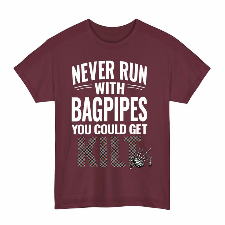 Scottish Borthwick Ancient Clan Tartan Never Run With Bagpipes T-Shirt Tartan Plaid Maroon Color