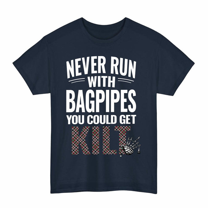 Scottish Borthwick Ancient Clan Tartan Never Run With Bagpipes T-Shirt Tartan Plaid Navy Color