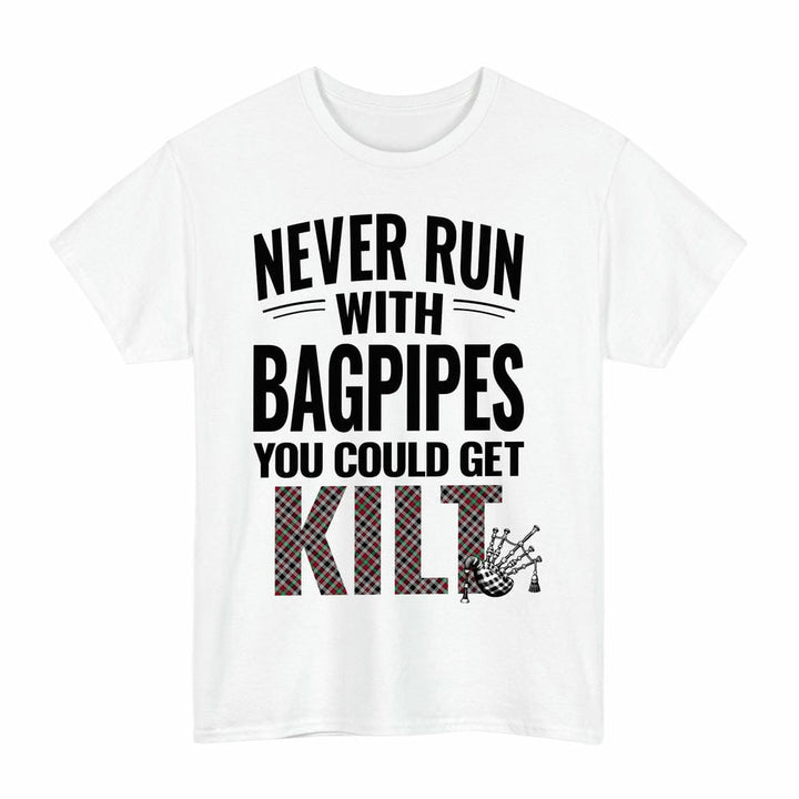 Scottish Borthwick Ancient Clan Tartan Never Run With Bagpipes T-Shirt Tartan Plaid White Color