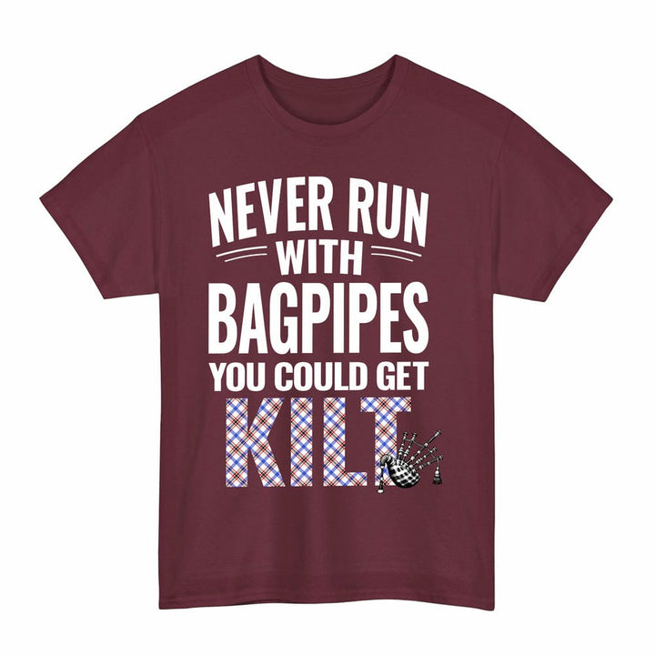 Scottish Boswell Modern Clan Tartan Never Run With Bagpipes T-Shirt Tartan Plaid Maroon Color