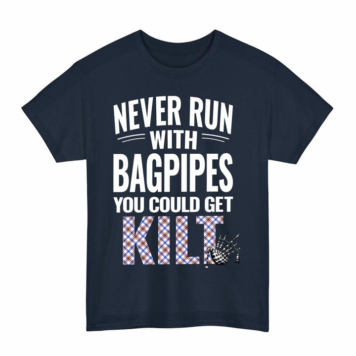 Scottish Boswell Modern Clan Tartan Never Run With Bagpipes T-Shirt Tartan Plaid Navy Color