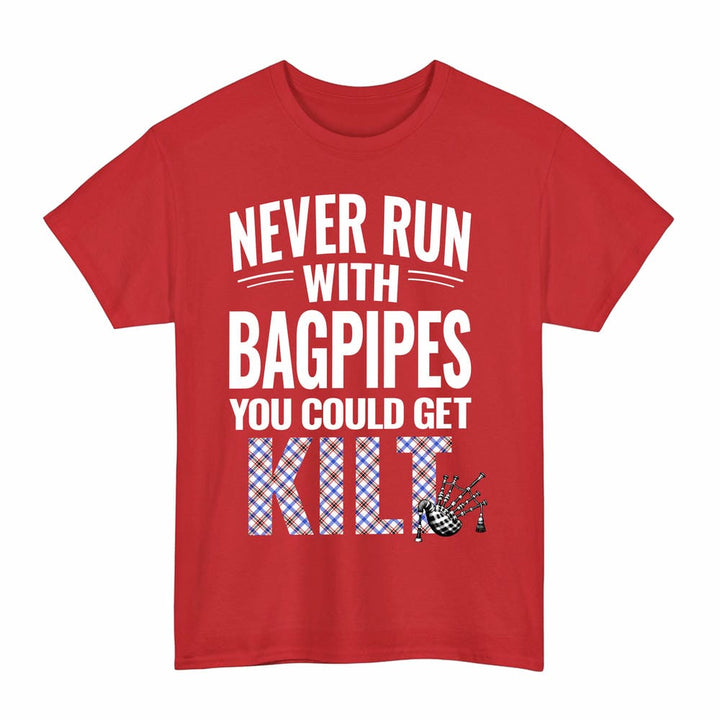 Scottish Boswell Modern Clan Tartan Never Run With Bagpipes T-Shirt Tartan Plaid Red Color