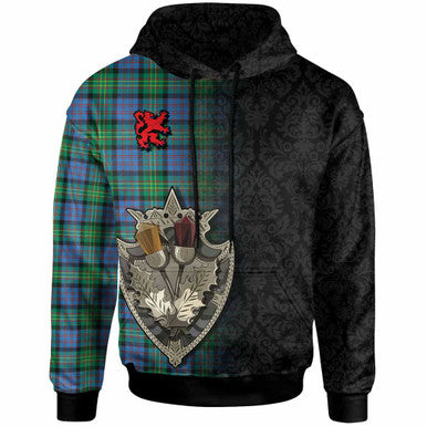 Scottish Bowie Ancient Clan Tartan Hoodie - Half Thistle Flowers Celtic Design Front Side Tartan Plaid