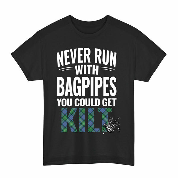 Scottish Bowie Ancient Clan Tartan Never Run With Bagpipes T-Shirt Tartan Plaid Black Color