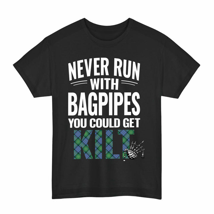 Scottish Bowie Ancient Clan Tartan Never Run With Bagpipes T-Shirt Tartan Plaid Black Color