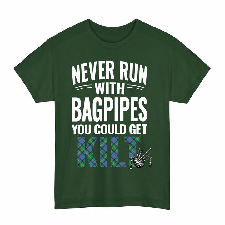 Scottish Bowie Ancient Clan Tartan Never Run With Bagpipes T-Shirt Tartan Plaid Forest Green Color