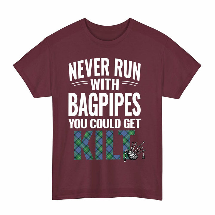 Scottish Bowie Ancient Clan Tartan Never Run With Bagpipes T-Shirt Tartan Plaid Maroon Color