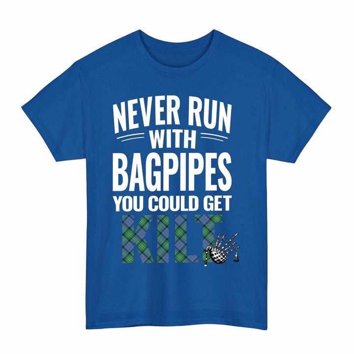 Scottish Bowie Ancient Clan Tartan Never Run With Bagpipes T-Shirt Tartan Plaid Royal Color