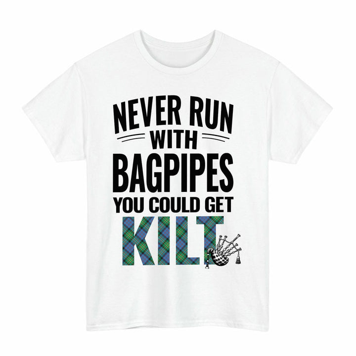 Scottish Bowie Ancient Clan Tartan Never Run With Bagpipes T-Shirt Tartan Plaid White Color