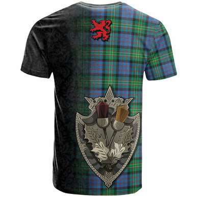 Scottish Bowie Ancient Clan Tartan T-Shirt - Half Thistle Flowers Celtic Design Back Side Tartan Plaid