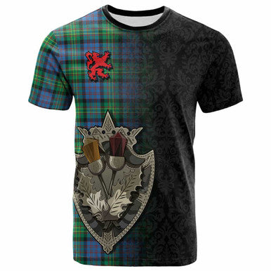 Scottish Bowie Ancient Clan Tartan T-Shirt - Half Thistle Flowers Celtic Design Front Side Tartan Plaid