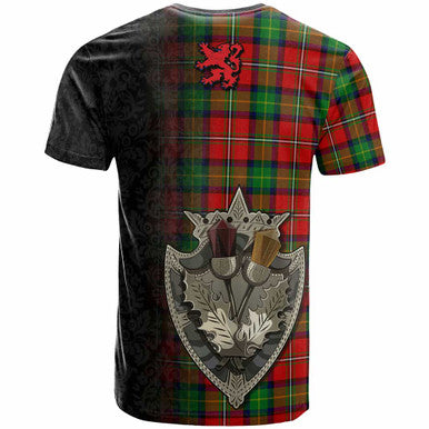 Scottish Boyd Clan Crest Tartan T-Shirt - Half Thistle Flowers Celtic Design Back Side Tartan Plaid