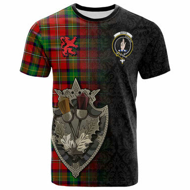 Scottish Boyd Clan Crest Tartan T-Shirt - Half Thistle Flowers Celtic Design Front Side Tartan Plaid