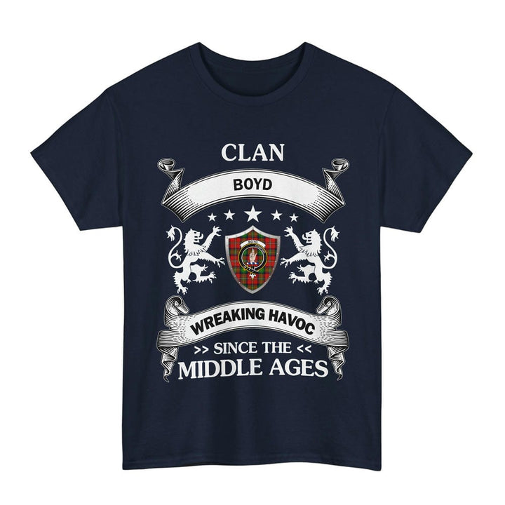 Scottish Boyd Clan Crest Tartan T-Shirt Wreaking Havoc Design Tartan Plaid Navy Color