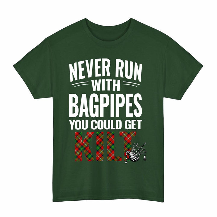 Scottish Boyd Modern Clan Tartan Never Run With Bagpipes T-Shirt Tartan Plaid Forest Green Color