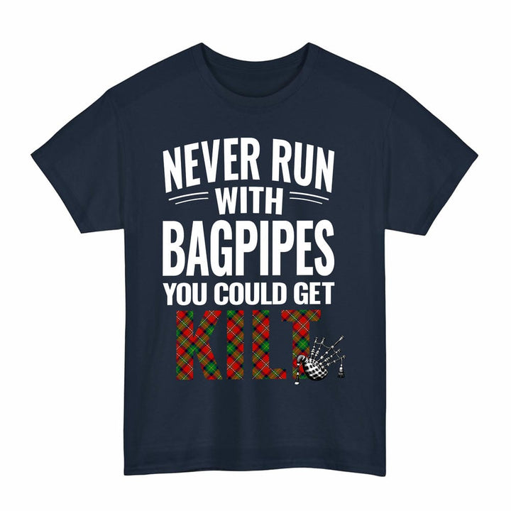 Scottish Boyd Modern Clan Tartan Never Run With Bagpipes T-Shirt Tartan Plaid Navy Color