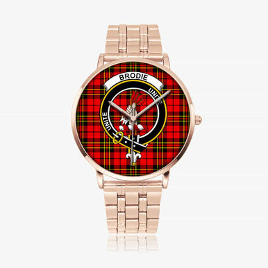 Scottish Brodie Clan Crest Tartan Instafamous Steel Quartz Watches Tartan Plaid Rose Gold 1