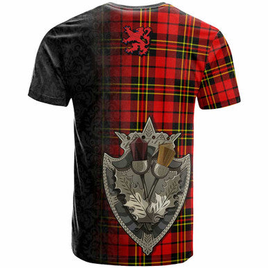 Scottish Brodie Clan Crest Tartan T-Shirt - Half Thistle Flowers Celtic Design Back Side Tartan Plaid