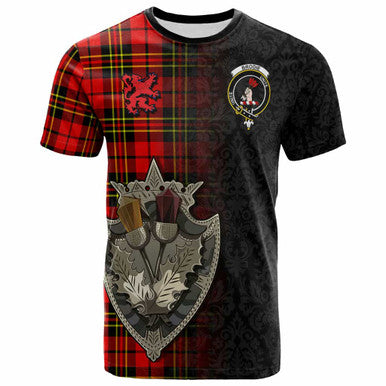 Scottish Brodie Clan Crest Tartan T-Shirt - Half Thistle Flowers Celtic Design Front Side Tartan Plaid