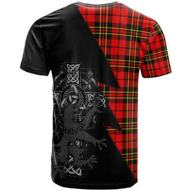Scottish Brodie Clan Crest Tartan T-Shirt - Lion Rampant Celtic Cross Flash Style Back Side Tartan Plaid
