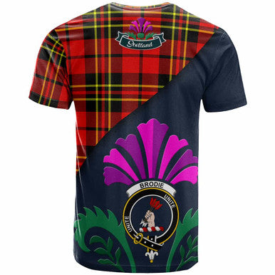 Scottish Brodie Clan Crest Tartan T-Shirt - Scotland Thistle Style Back Side Tartan Plaid