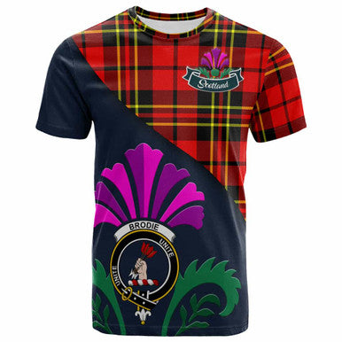 Scottish Brodie Clan Crest Tartan T-Shirt - Scotland Thistle Style Front Side Tartan Plaid