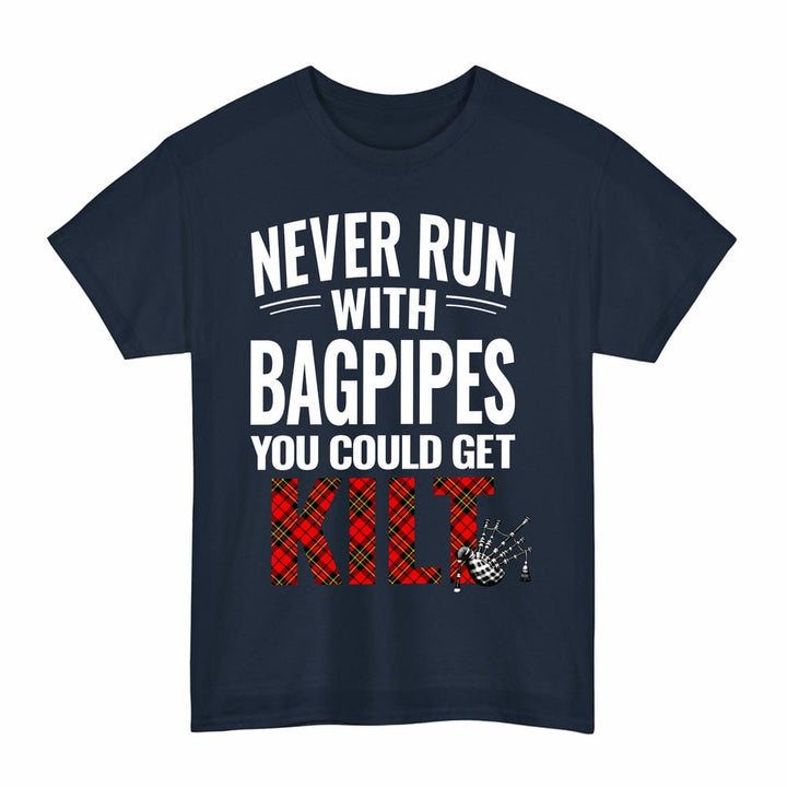 Scottish Brodie Modern Clan Tartan Never Run With Bagpipes T-Shirt Tartan Plaid Navy Color