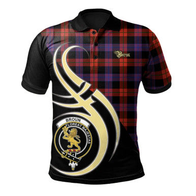 Scottish Broun Modern Clan Crest Tartan Polo Shirt Believe in Me Front Side Tartan Plaid
