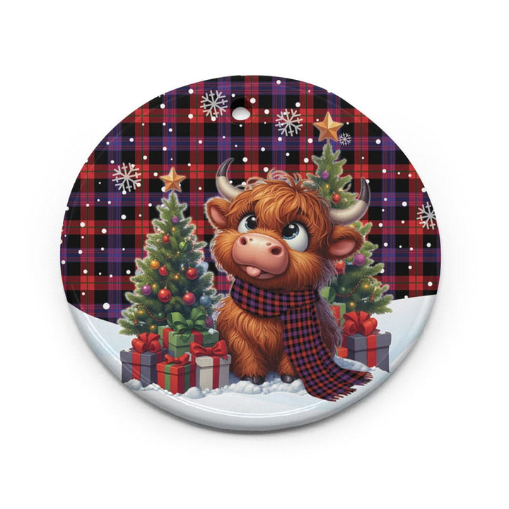 Scottish Brown Modern Clan Tartan Ceramic Ornament Cute Highland Cow Christmas Circle Style Tartan Plaid