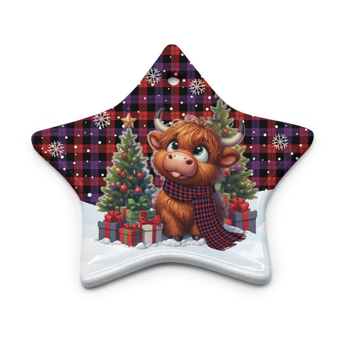 Scottish Brown Modern Clan Tartan Ceramic Ornament Cute Highland Cow Christmas Star Style Tartan Plaid