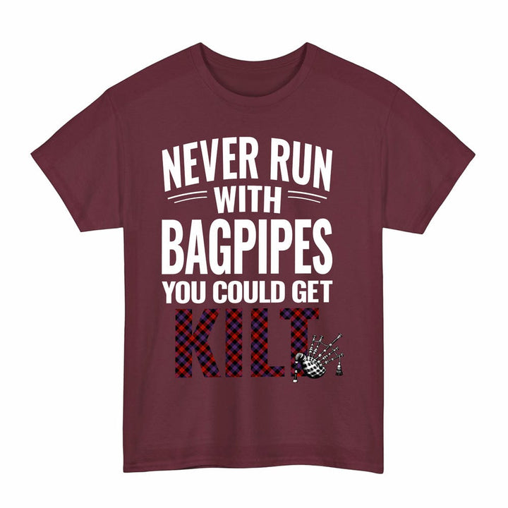 Scottish Brown Modern Clan Tartan Never Run With Bagpipes T-Shirt Tartan Plaid Maroon Color