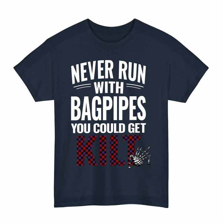 Scottish Brown Modern Clan Tartan Never Run With Bagpipes T-Shirt Tartan Plaid Navy Color