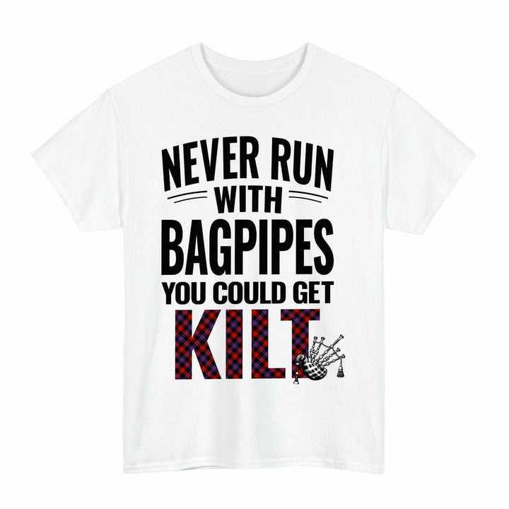 Scottish Brown Modern Clan Tartan Never Run With Bagpipes T-Shirt Tartan Plaid White Color