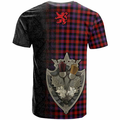 Scottish Brown Modern Clan Tartan T-Shirt - Half Thistle Flowers Celtic Design Back Side Tartan Plaid