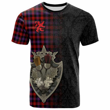Scottish Brown Modern Clan Tartan T-Shirt - Half Thistle Flowers Celtic Design Front Side Tartan Plaid