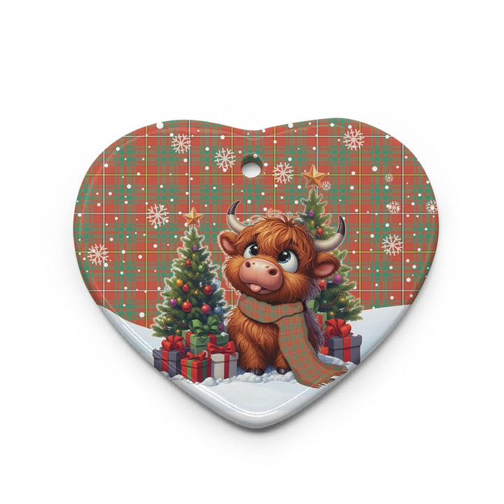 Scottish Bruce Ancient Clan Tartan Ceramic Ornament Cute Highland Cow Christmas Heart Style Tartan Plaid