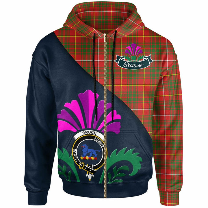 Scottish Bruce Clan Crest Tartan Hoodie - Scotland Thistle Style Zip-up Tartan Plaid