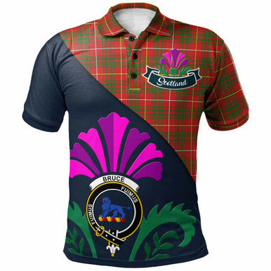 Scottish Bruce Clan Crest Tartan Polo Shirt - Scotland Thistle Style Front Side Tartan Plaid