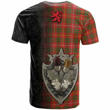 Scottish Bruce Clan Crest Tartan T-Shirt - Half Thistle Flowers Celtic Design Back Side Tartan Plaid