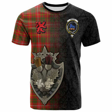 Scottish Bruce Clan Crest Tartan T-Shirt - Half Thistle Flowers Celtic Design Front Side Tartan Plaid