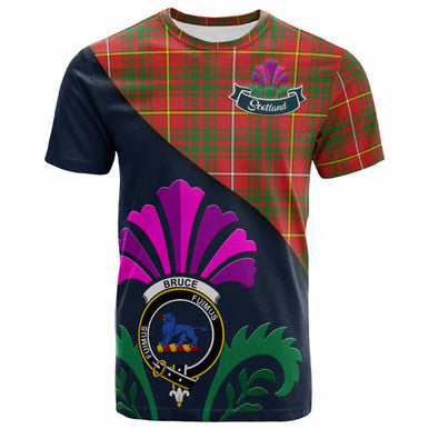 Scottish Bruce Clan Crest Tartan T-Shirt - Scotland Thistle Style Front Side Tartan Plaid