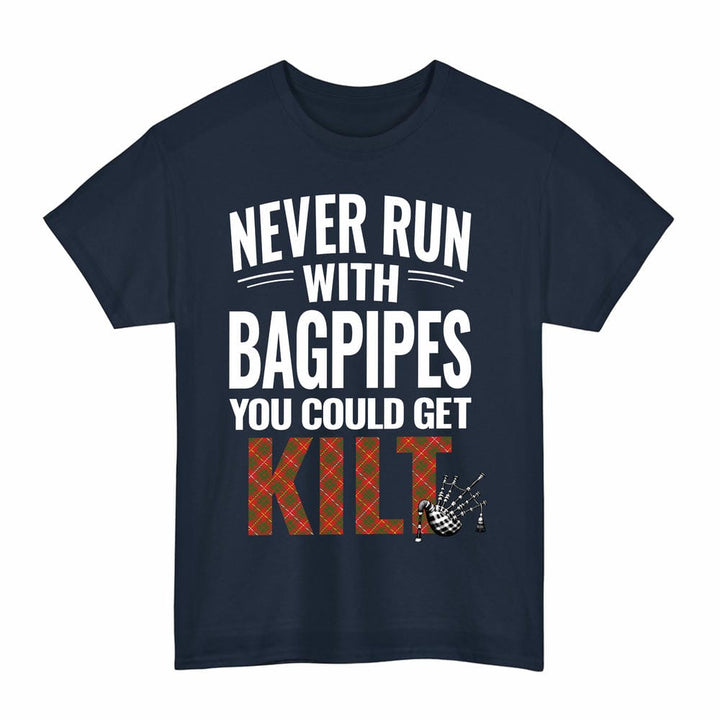 Scottish Bruce Modern Clan Tartan Never Run With Bagpipes T-Shirt Tartan Plaid Navy Color