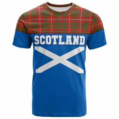 Scottish Bruce Modern Clan Tartan T-Shirt - Lion Rampant of Scotland With Flag Front Side Tartan Plaid