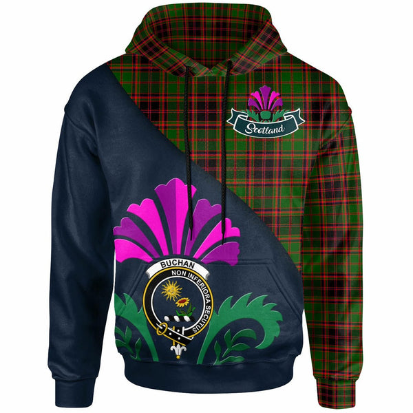 Scottish Buchan Clan Crest Tartan Hoodie - Scotland Thistle Style Front Side Tartan Plaid